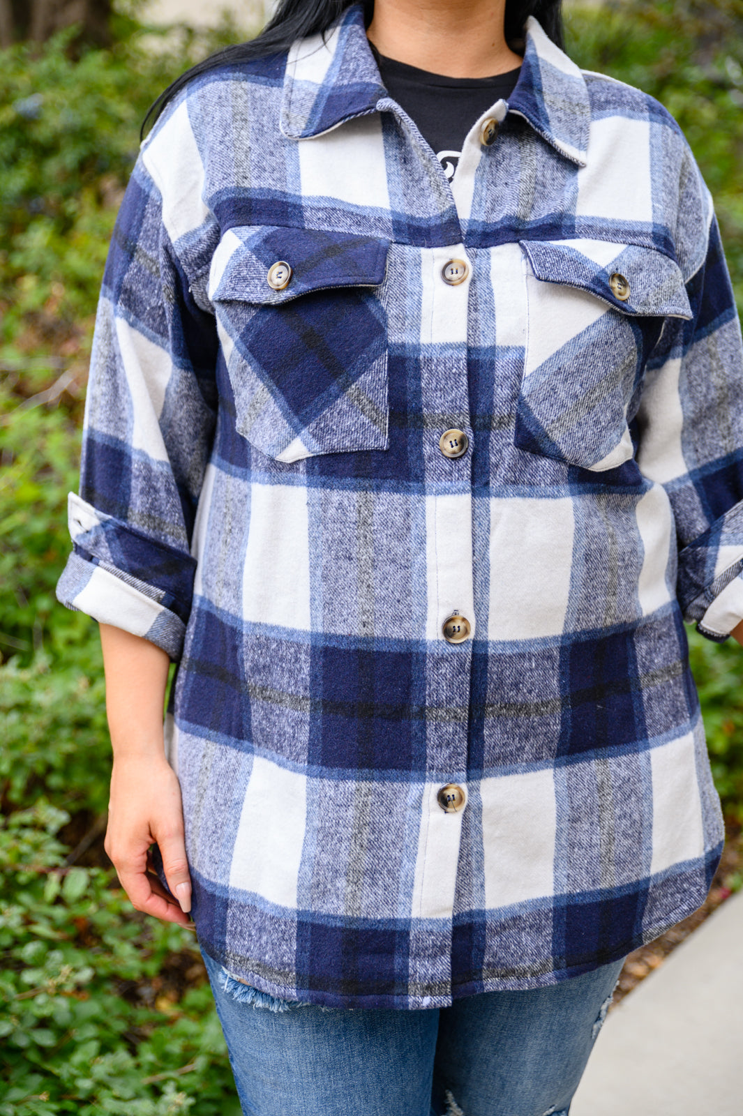 Jayne Brushed Plaid Button Down Shacket In Navy!