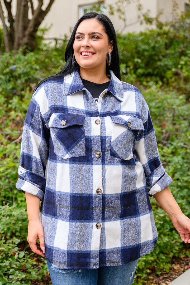 Jayne Brushed Plaid Button Down Shacket In Navy!