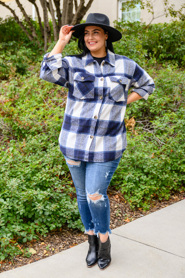 Jayne Brushed Plaid Button Down Shacket In Navy!