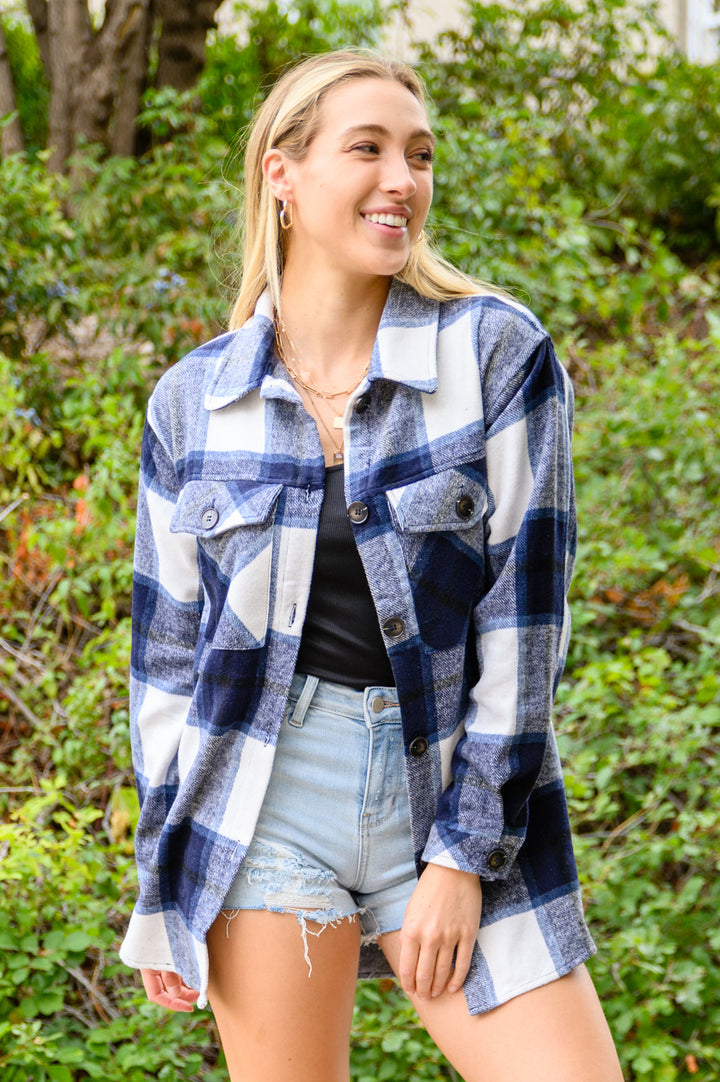 Jayne Brushed Plaid Button Down Shacket In Navy!