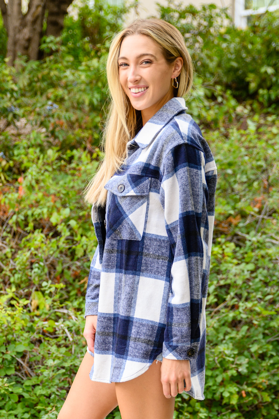 Jayne Brushed Plaid Button Down Shacket In Navy!