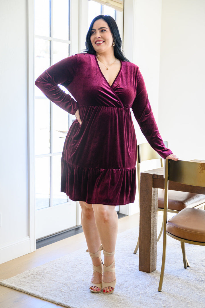 Jentsyn Velvet V-Neck Dress in Wine!