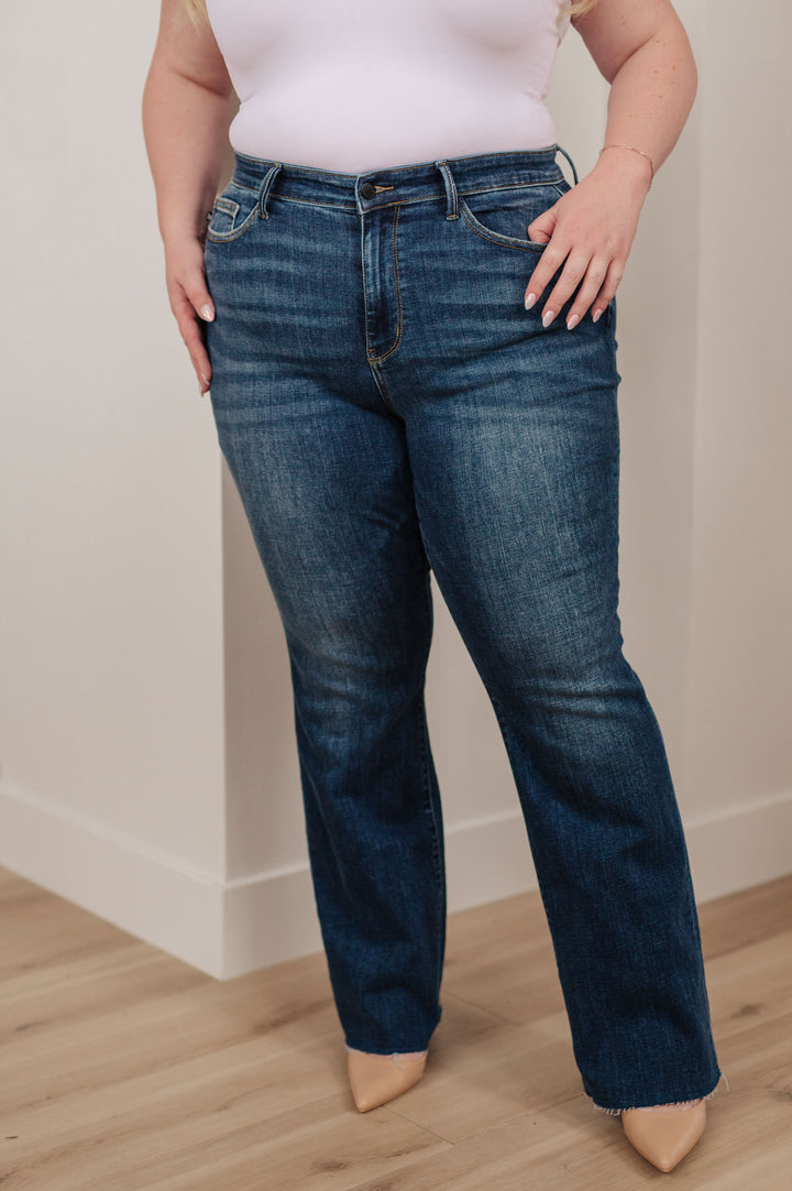 Judy Blue Mid Rise Raw Hem Bootcut Jeans!