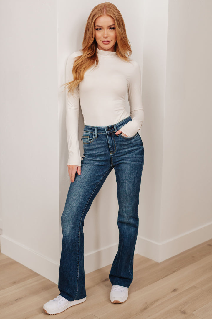 Judy Blue Mid Rise Raw Hem Bootcut Jeans!