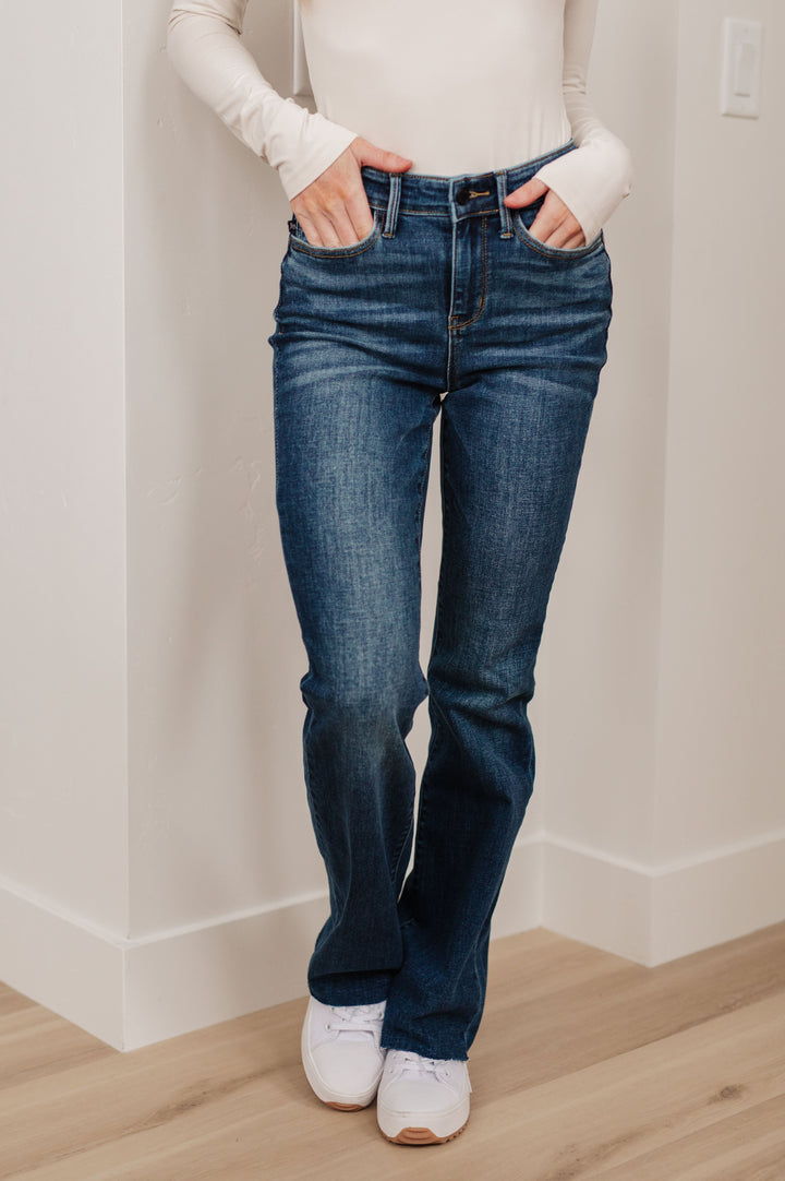 Judy Blue Mid Rise Raw Hem Bootcut Jeans!