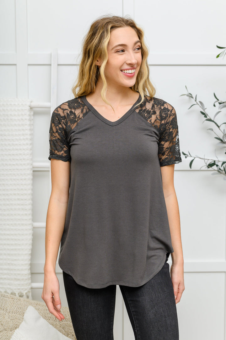 Lace Detail Short Sleeve Tee In Gray!