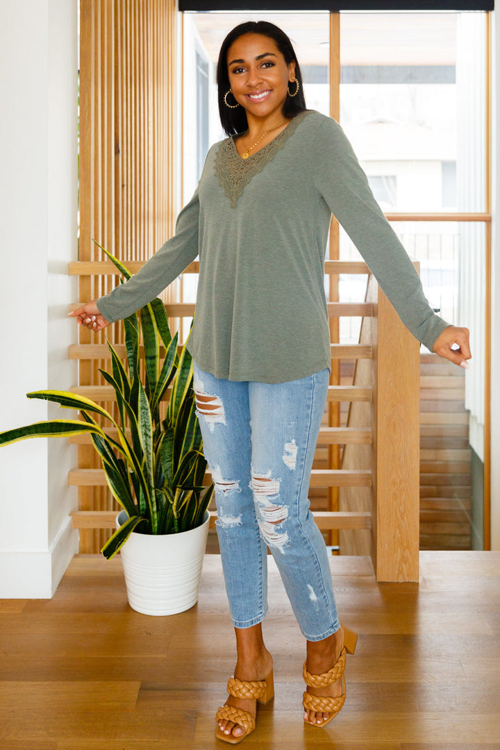 Lacey Long Sleeve V Neck In Olive!