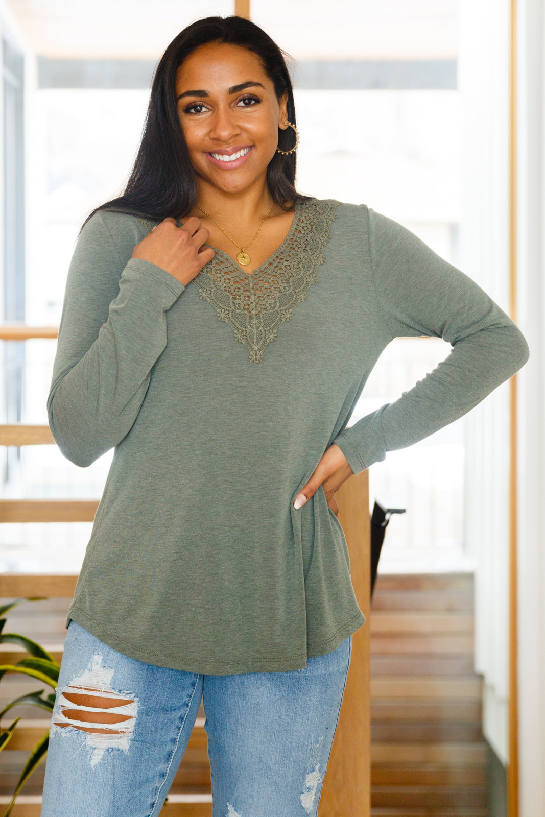 Lacey Long Sleeve V Neck In Olive!