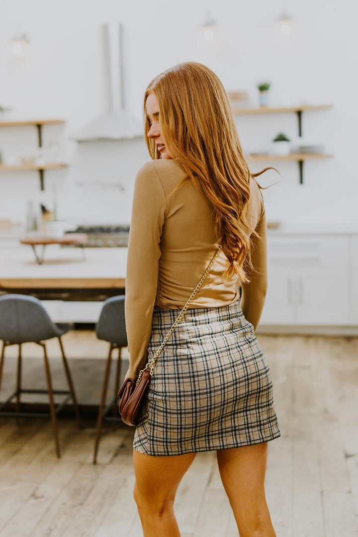 Hold Me Tight Ribbed Long Sleeve Top In Tan!