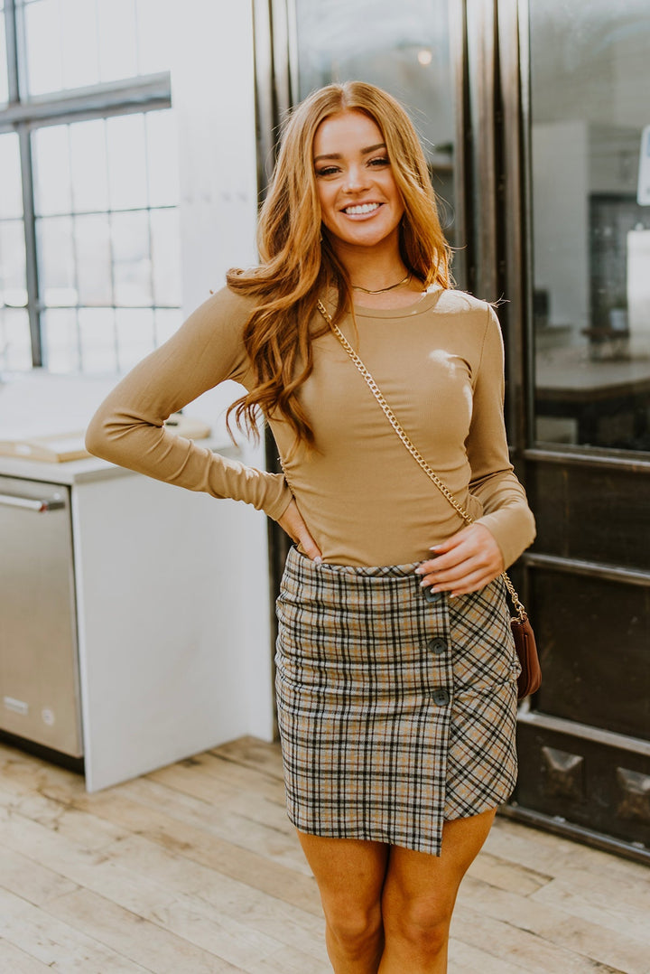 Hold Me Tight Ribbed Long Sleeve Top In Tan!