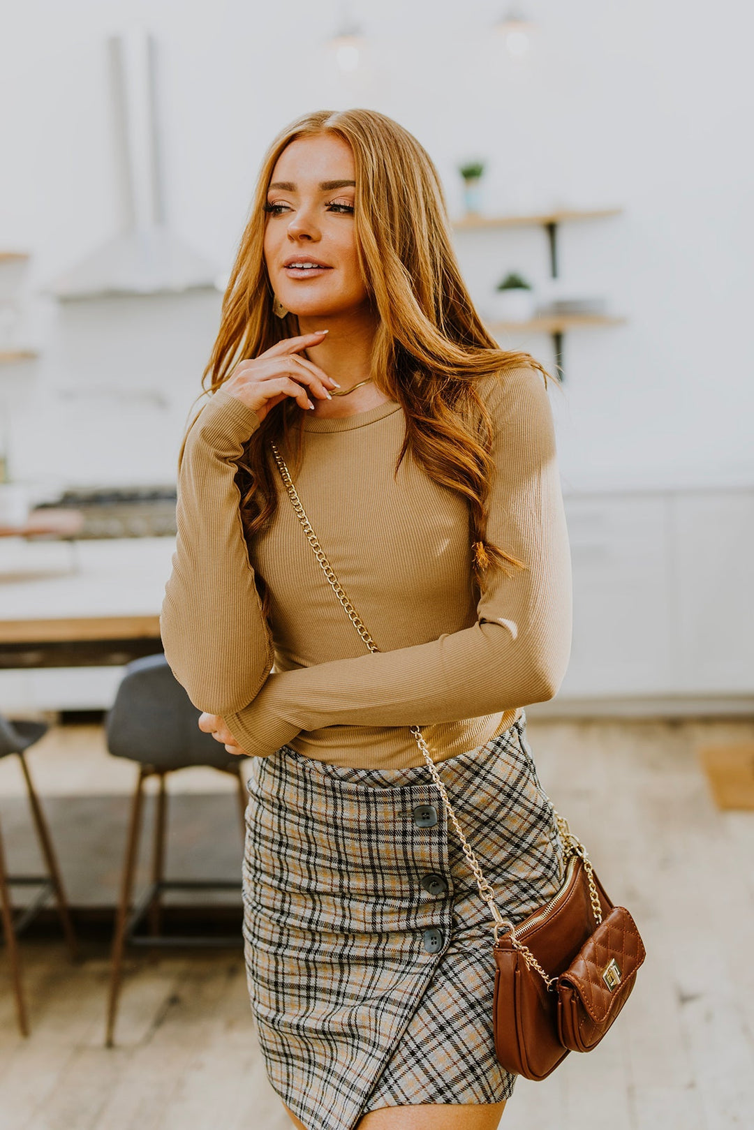 Hold Me Tight Ribbed Long Sleeve Top In Tan!