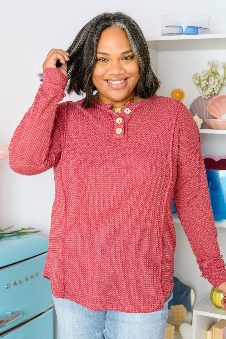 Lean Into Something Cozy Waffle Knit Top in Marsala!