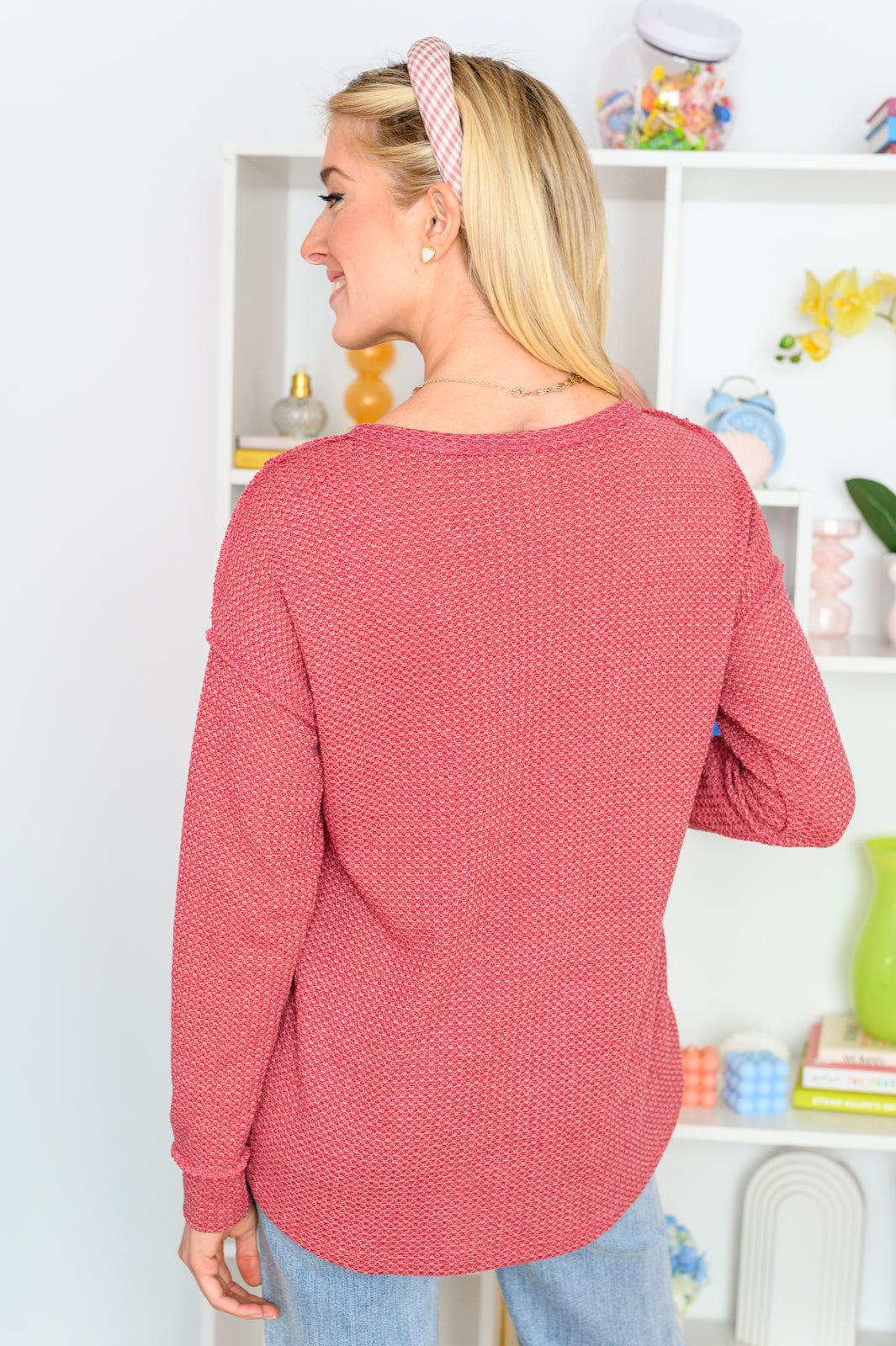 Lean Into Something Cozy Waffle Knit Top in Marsala!