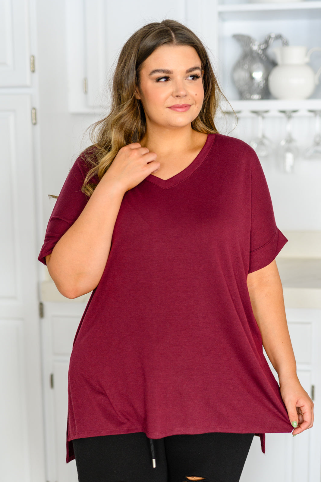 Let The Days Pass By Short Sleeve Top in Burgundy!