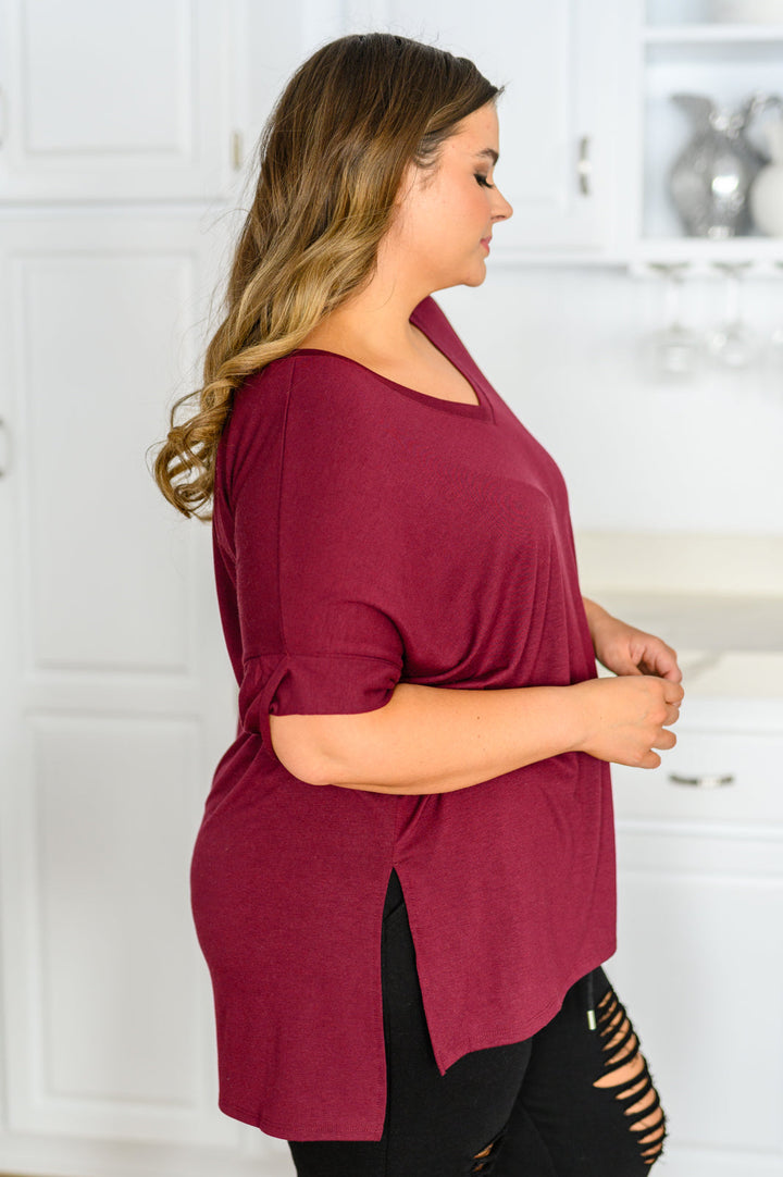 Let The Days Pass By Short Sleeve Top in Burgundy!