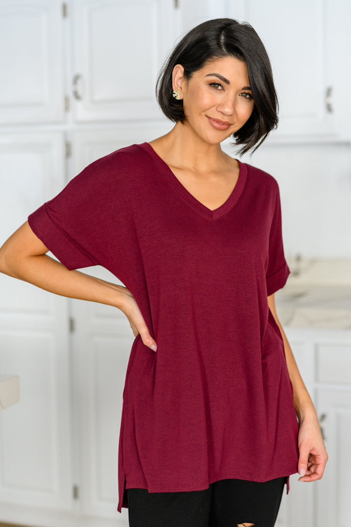 Let The Days Pass By Short Sleeve Top in Burgundy!