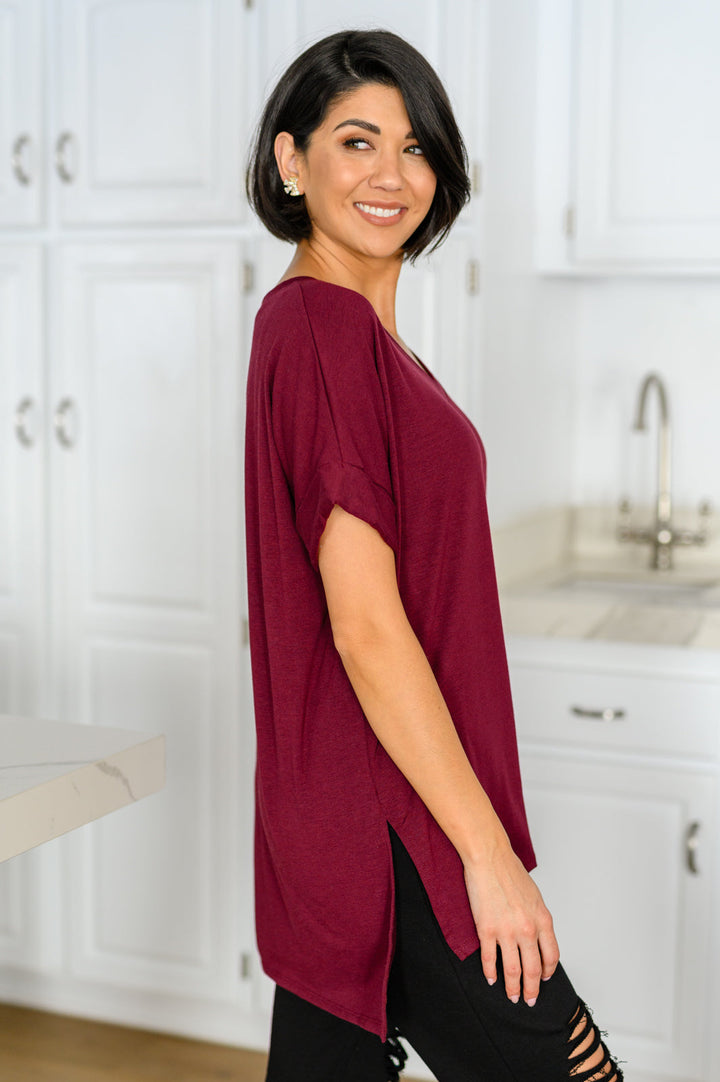 Let The Days Pass By Short Sleeve Top in Burgundy!