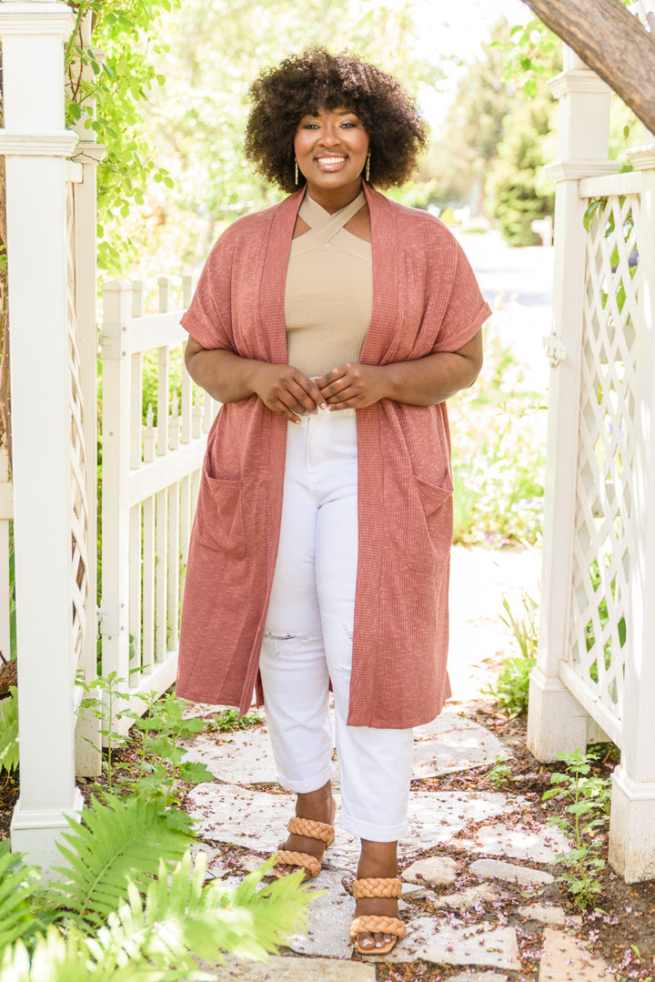 Light Breeze Short Sleeve Cardigan In Dark Mauve!