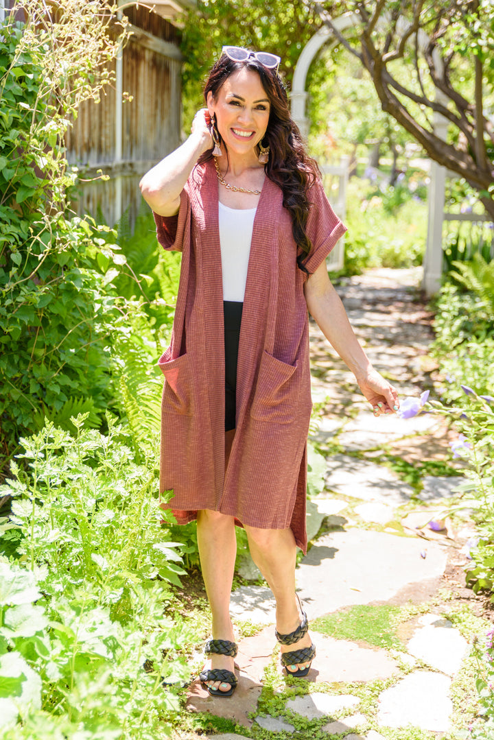 Light Breeze Short Sleeve Cardigan In Dark Mauve!