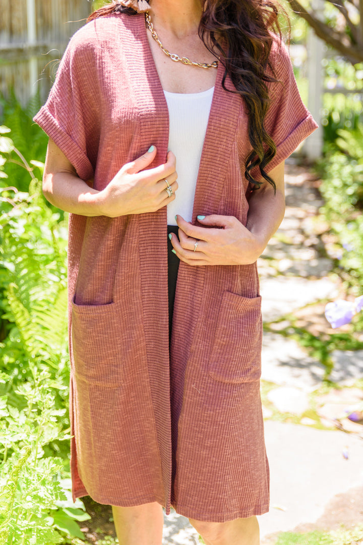 Light Breeze Short Sleeve Cardigan In Dark Mauve!