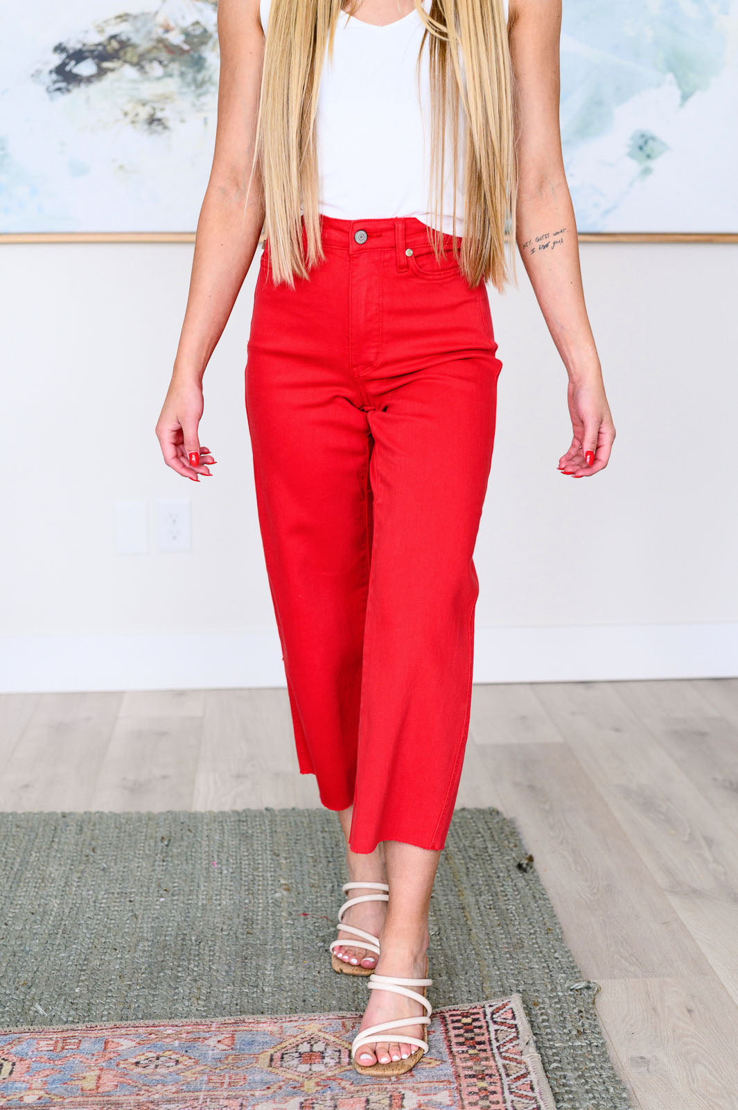 Judy Blue High Rise Control Top Wide Leg Crop Jeans in Red