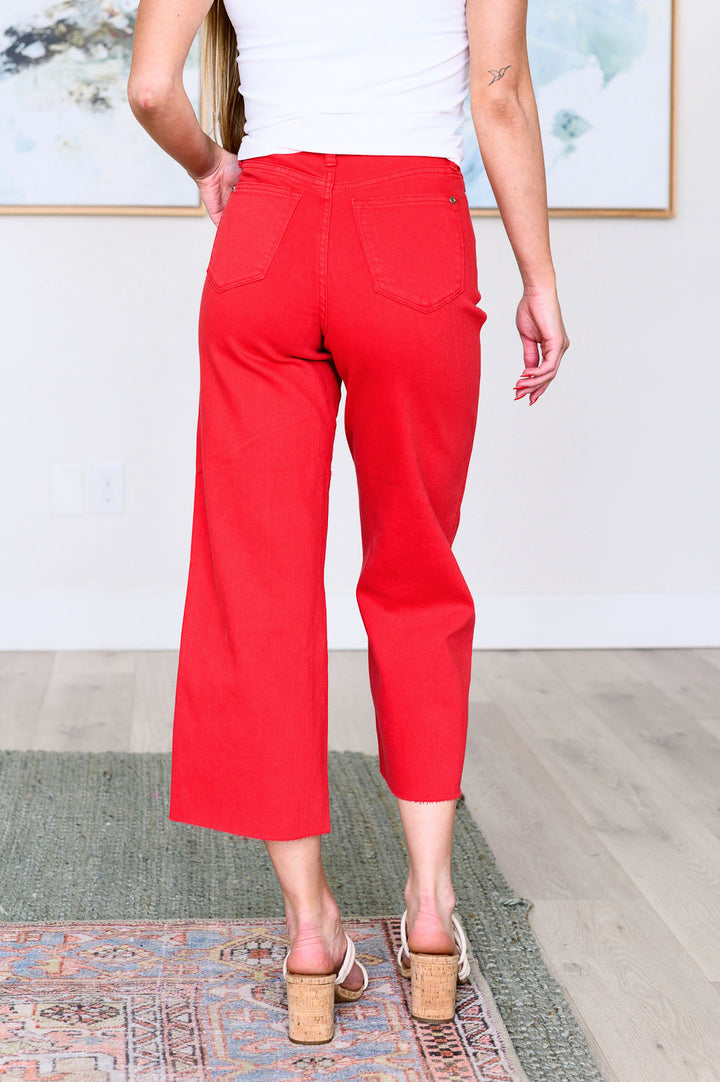 Judy Blue High Rise Control Top Wide Leg Crop Jeans in Red