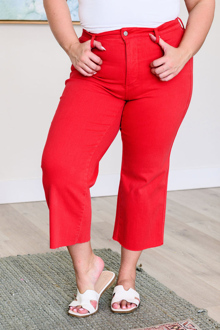 Judy Blue High Rise Control Top Wide Leg Crop Jeans in Red