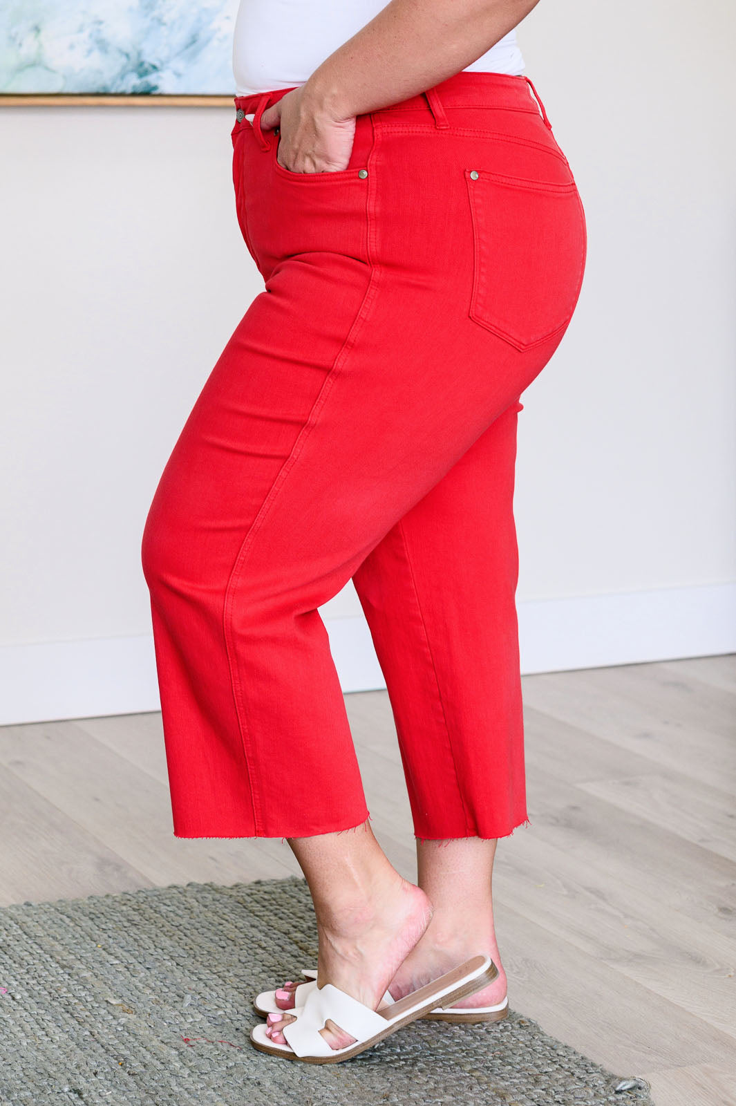 Judy Blue High Rise Control Top Wide Leg Crop Jeans in Red