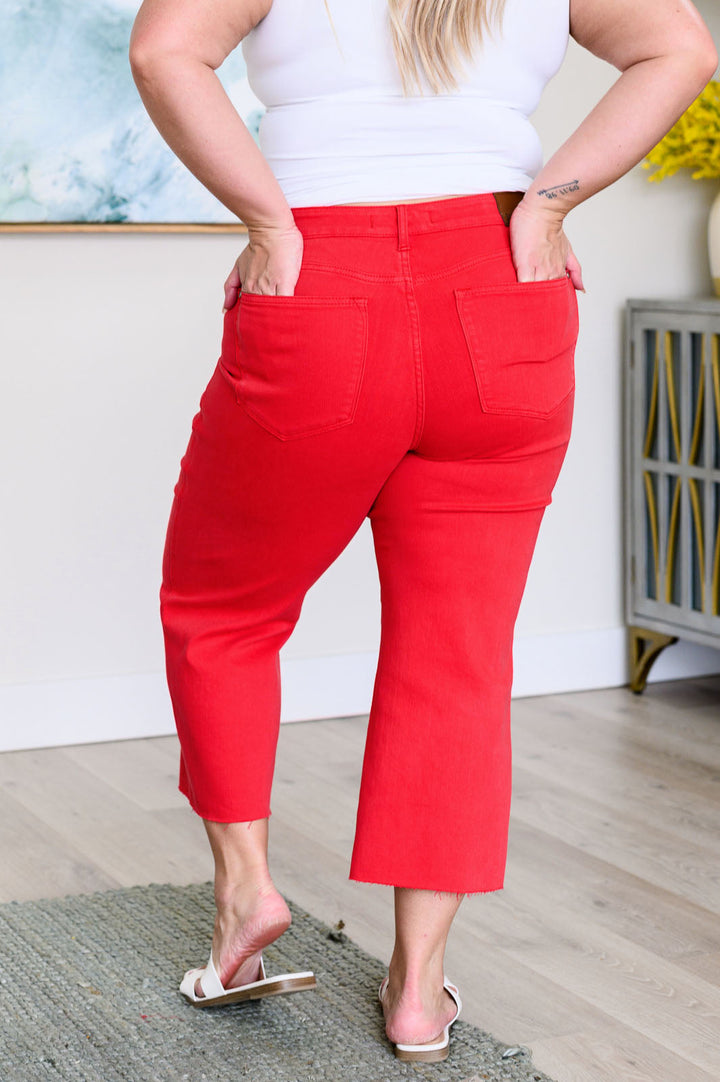 Judy Blue High Rise Control Top Wide Leg Crop Jeans in Red