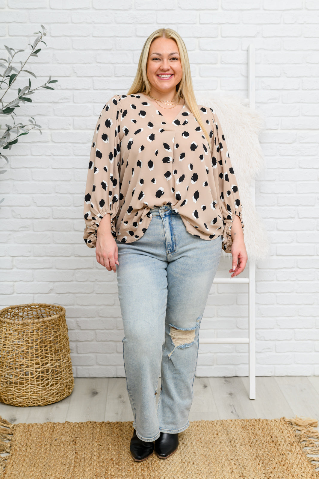 Lovely Days Long Sleeve Blouse in Beige!