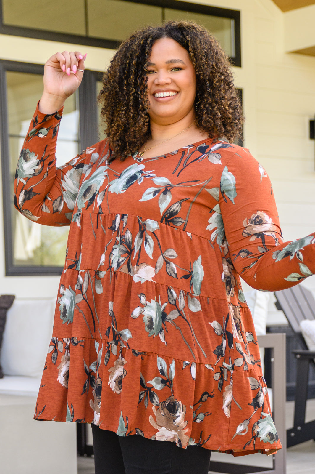 Lovely Meeting Tiered Floral Dress In Rust!