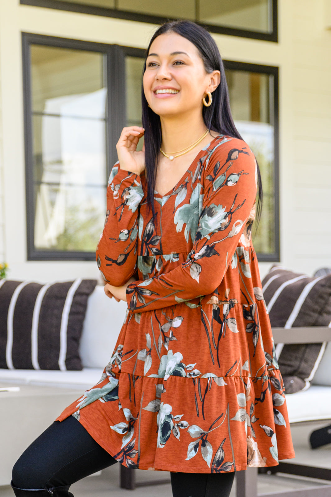 Lovely Meeting Tiered Floral Dress In Rust!