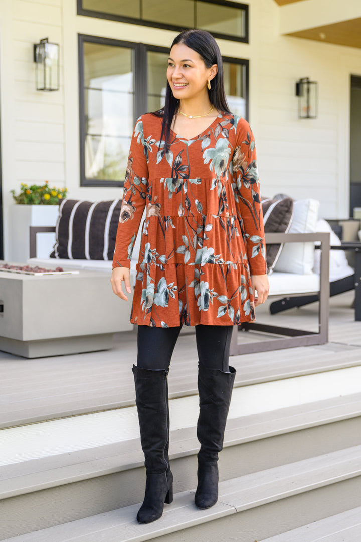 Lovely Meeting Tiered Floral Dress In Rust!