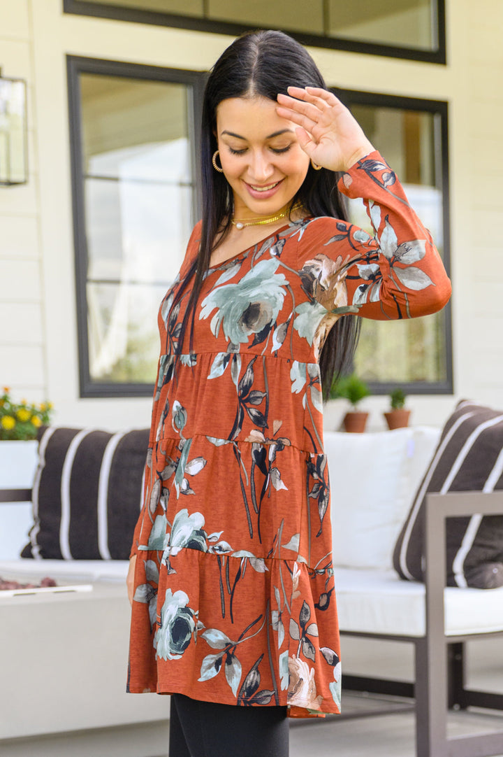 Lovely Meeting Tiered Floral Dress In Rust!