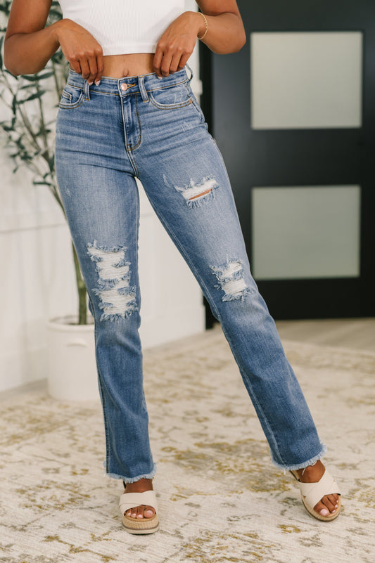 Maureen High Rise Distressed Bootcut Jeans