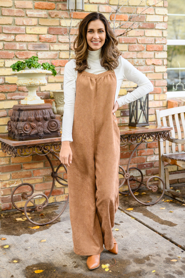 More Than Friends Corduroy Jumpsuit In Camel!