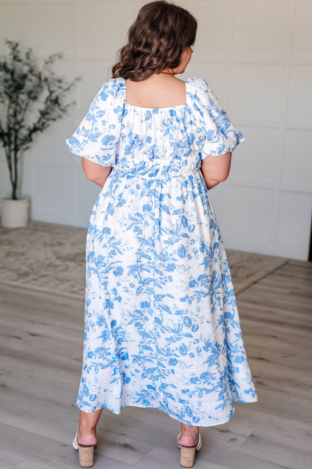 Nurturing Myself Square Neck Floral Dress in Blue