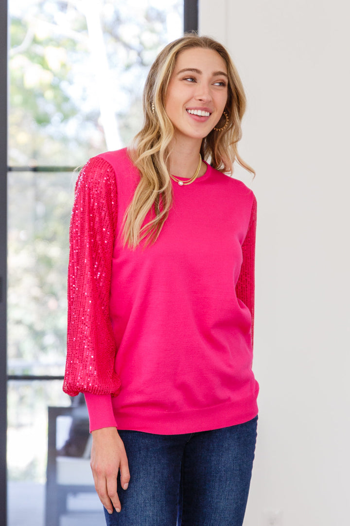 One Wild Night Sequin Sleeves Top In Fuchsia!