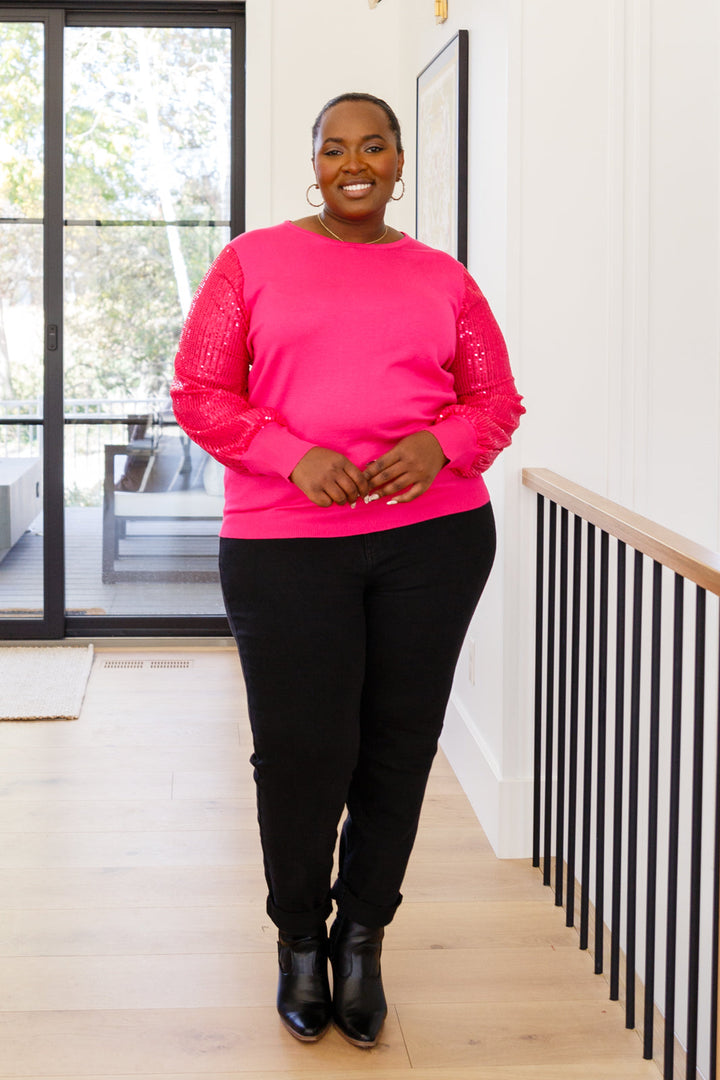 One Wild Night Sequin Sleeves Top In Fuchsia!