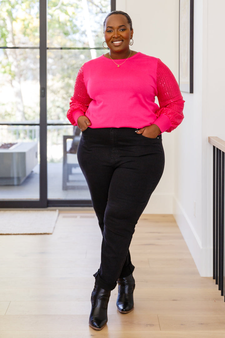 One Wild Night Sequin Sleeves Top In Fuchsia!