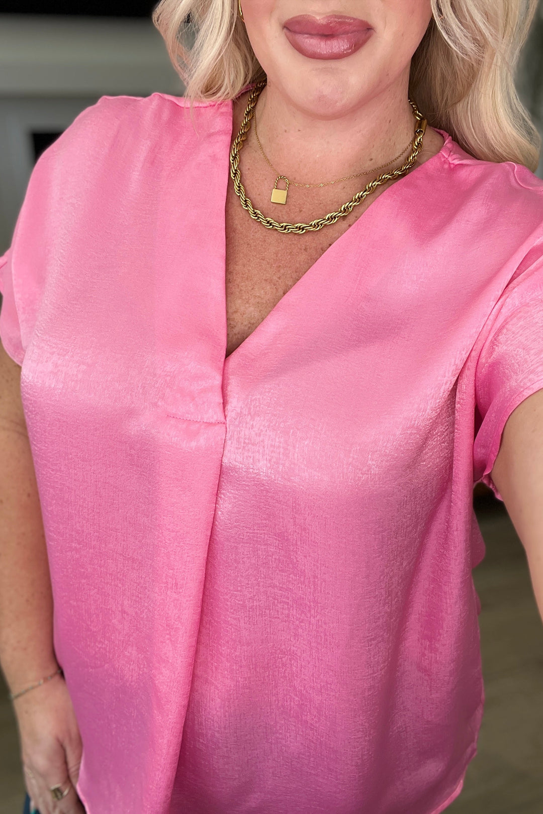 Pleat Front V-Neck Top in Pink Cosmos!