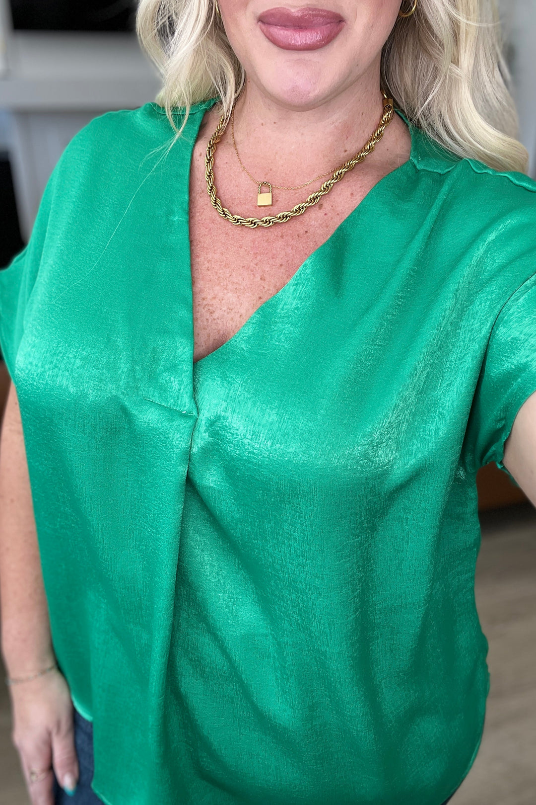 Pleat Front V-Neck Top in Kelly Green!