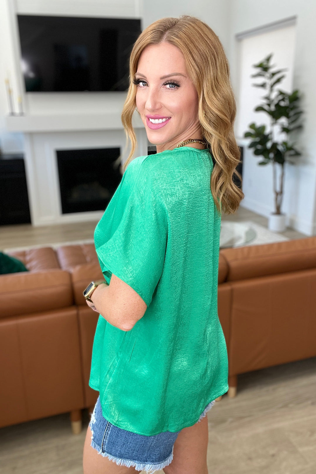 Pleat Front V-Neck Top in Kelly Green!