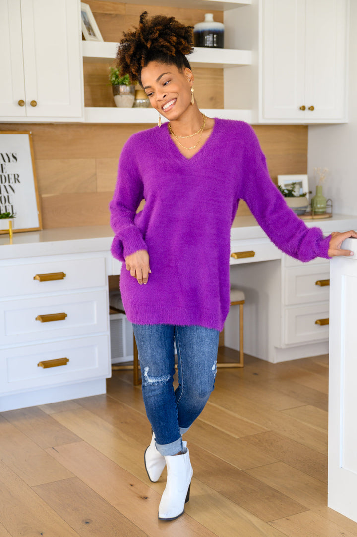 Sierra Long Sleeve Eyelash Sweater Knit Top In Purple!