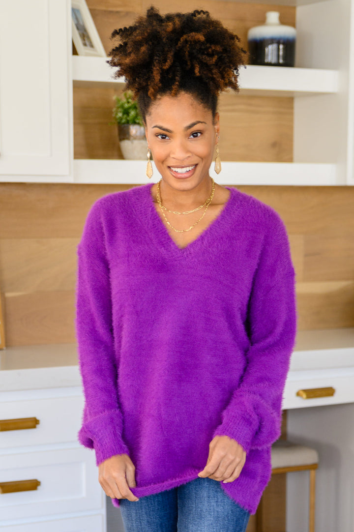 Sierra Long Sleeve Eyelash Sweater Knit Top In Purple!