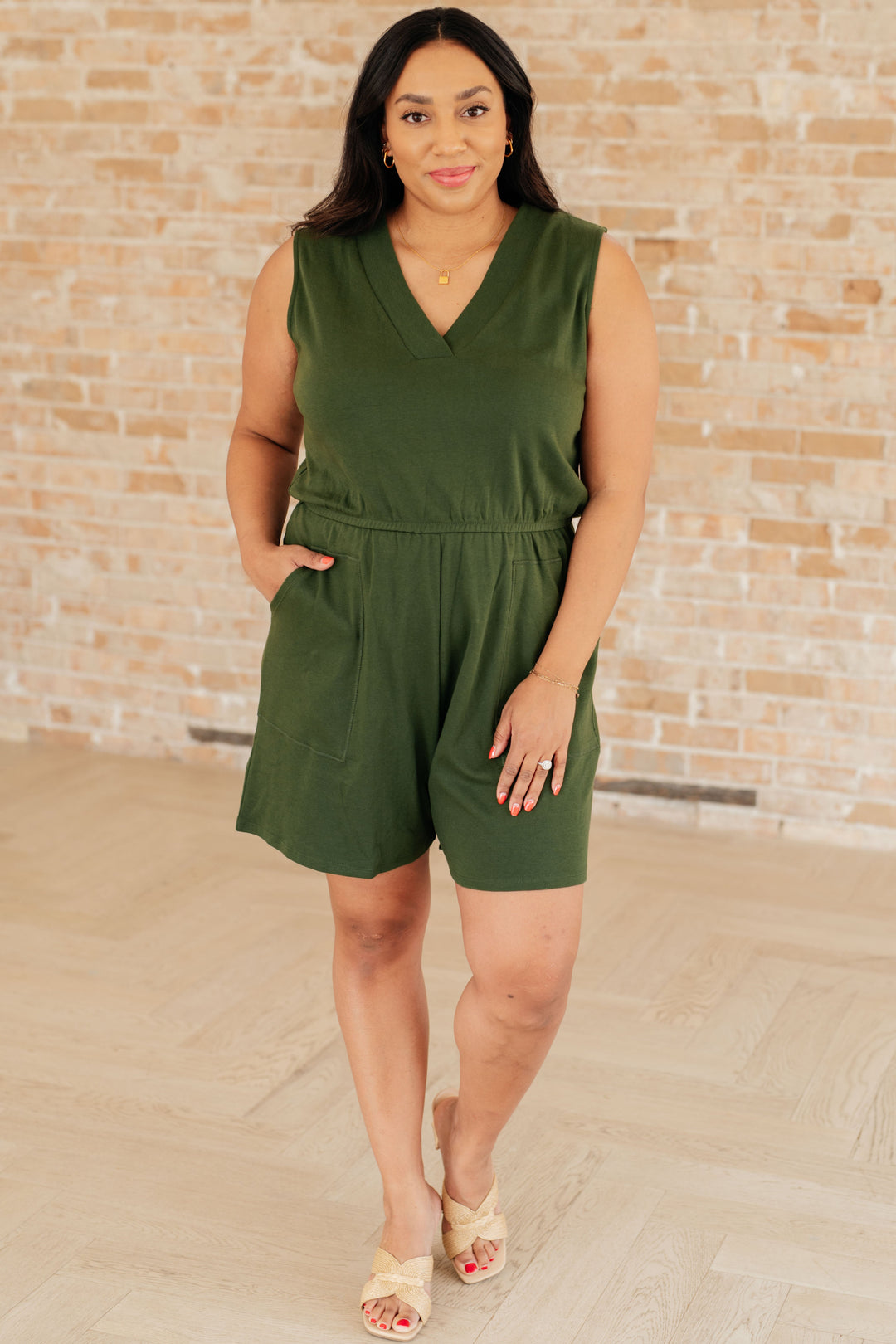 Sleeveless V-Neck Romper in Army Green!