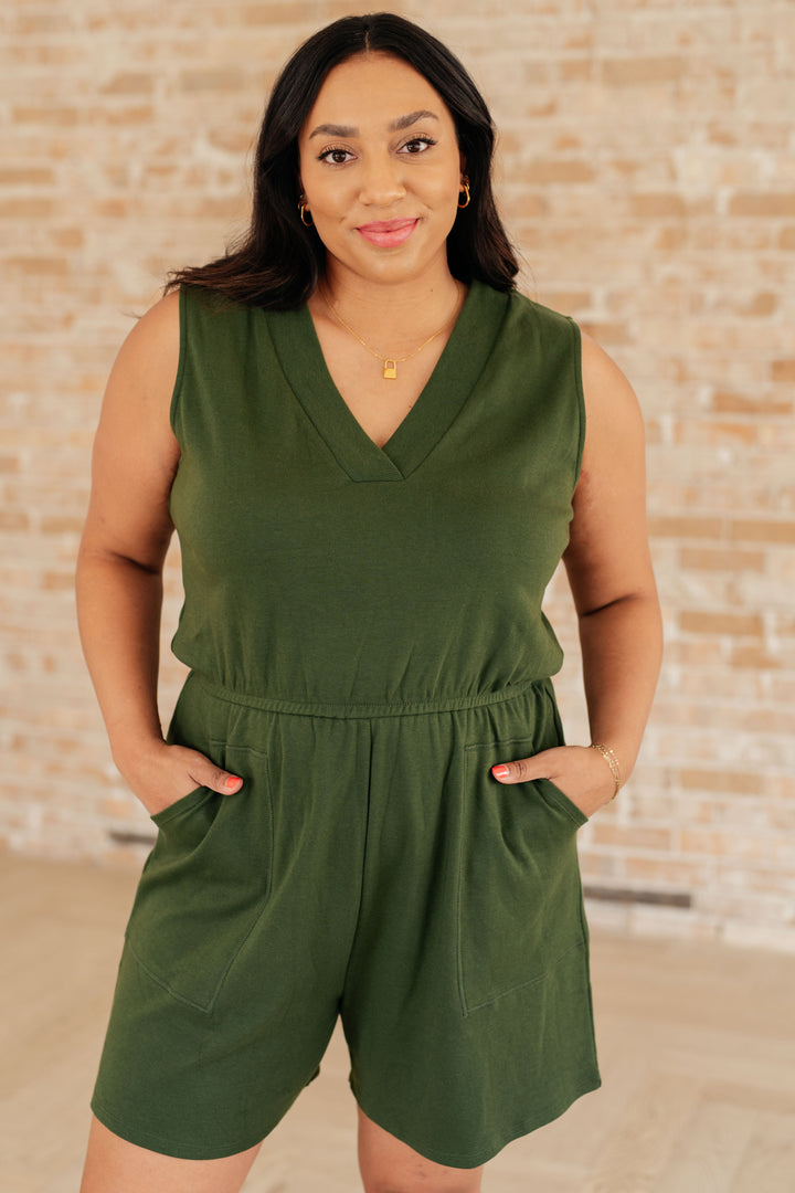 Sleeveless V-Neck Romper in Army Green!