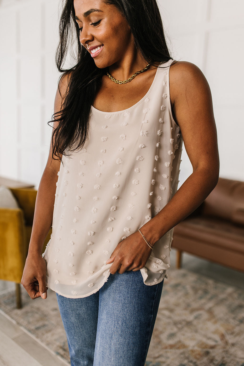 So Far So Good Swiss Dot Sleeveless Top in Sand!