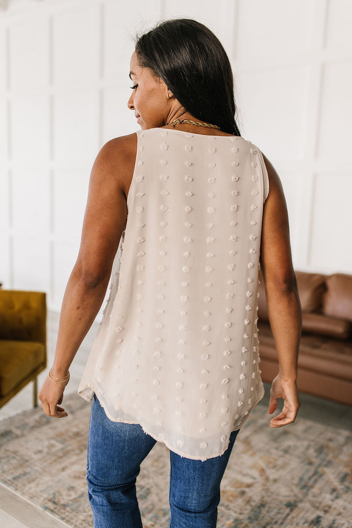 So Far So Good Swiss Dot Sleeveless Top in Sand!