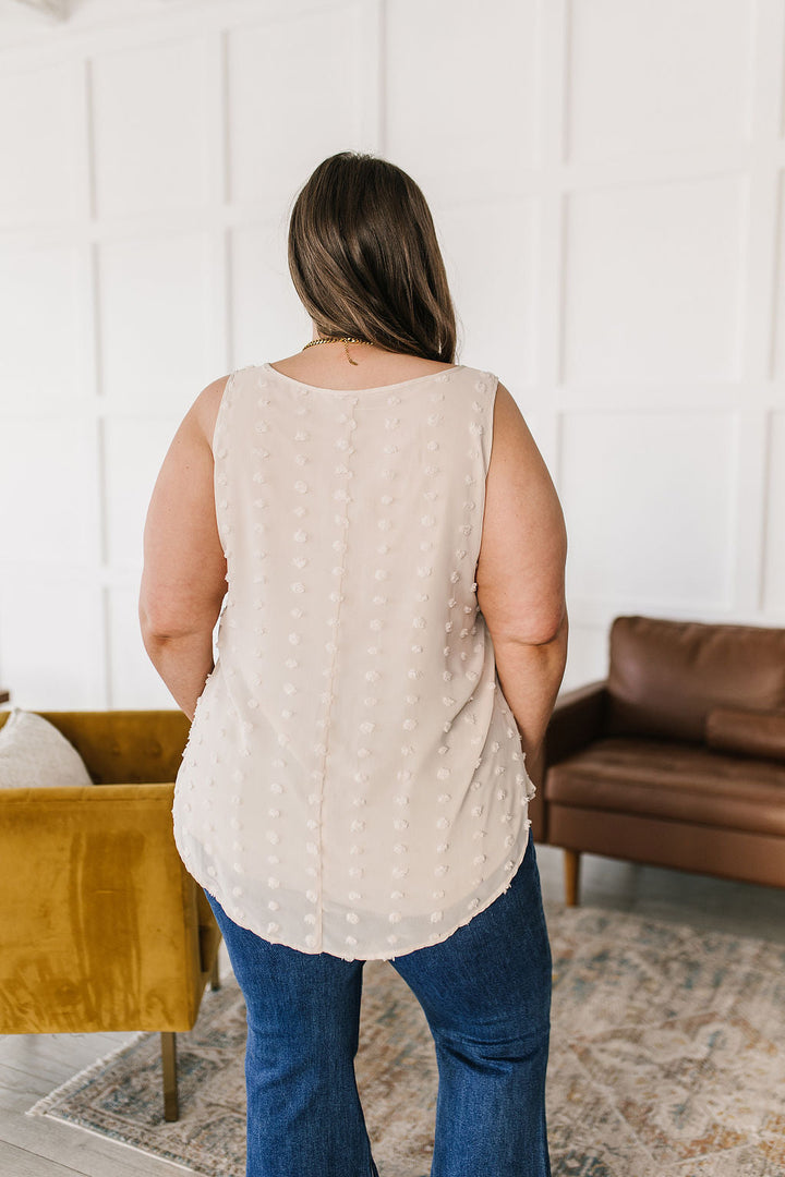 So Far So Good Swiss Dot Sleeveless Top in Sand!